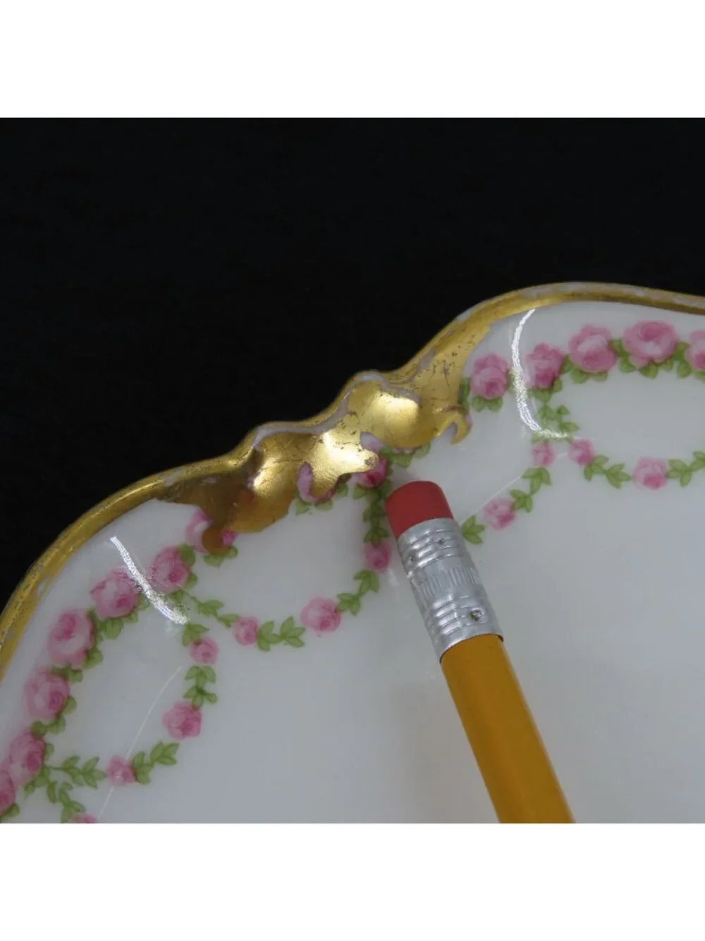 GOA Limoges Double Handle Plate 9.75in x 8.9in Pink Rose Floral Flower Swag Gold